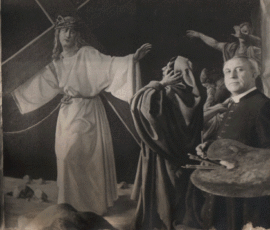 Charles Maillard avec sa palette à peinture devant la quatrième station du chemin de la croix où on voit Jésus qui console les femmes de Jérusalem.
Charles Maillard, with painter's palette, standing before the fourth station of the Way of the Cross where we see Jesus consoling the Jerusalem women.