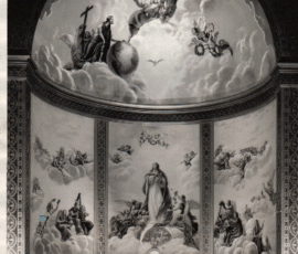 Une peinture de Msgr Charles Maillard d'un sanctuaire inconnu qui représente le thème de l'Assomption de la Bienheureuse Vierge Marie.
An unidentified sanctuary displaying Msgr. Charles Maillard's paintings that reproduce the theme of the Assumption of the Blessed Virgin.