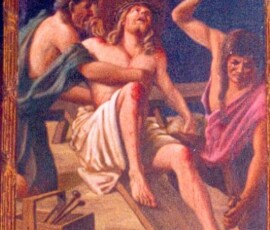 Jésus est cloué à la croix.
Jesus is nailed to the cross.